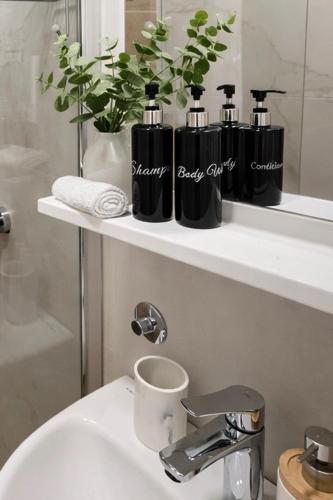 a bathroom with a sink with four bottles on a shelf at Green panorama Vrdnik in Vrdnik