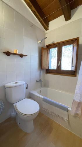 a bathroom with a toilet and a bath tub at Allotjaments rurals Can Punti in Vallfogona de Ripolles