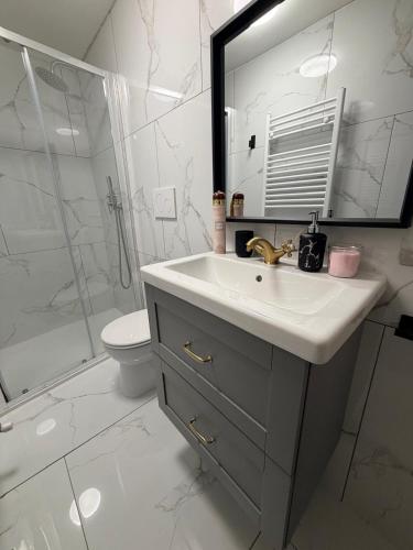 a white bathroom with a sink and a shower at Casa Hanna Garden in Verbania