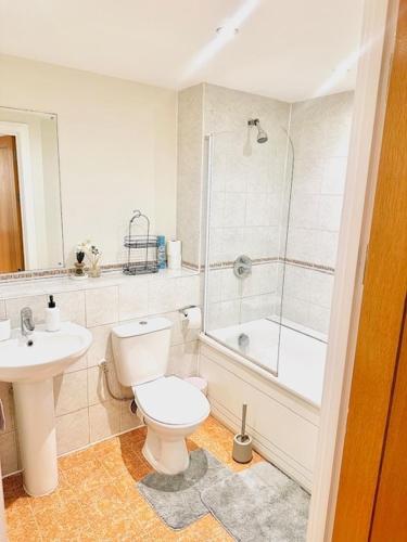 a bathroom with a toilet and a shower and a sink at Stylish Luxury 1BR in Chelsea in London