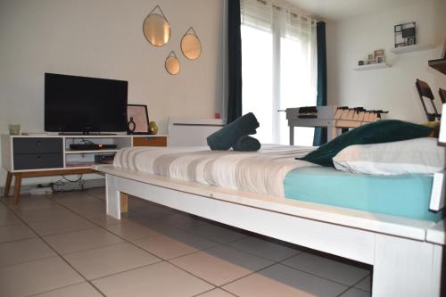 a bedroom with a large bed and a flat screen tv at La Cachette Ludique in Orléans