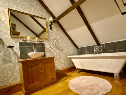 a bathroom with a sink and a tub and a mirror at La grange de Moli in Vigeois