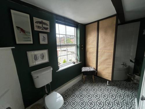 a green bathroom with a toilet and a window at Bewdley Riverside Cottage in Bewdley