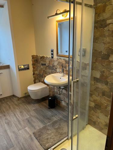 a bathroom with a sink and a glass shower at Schloss1611 B&B in Erbendorf