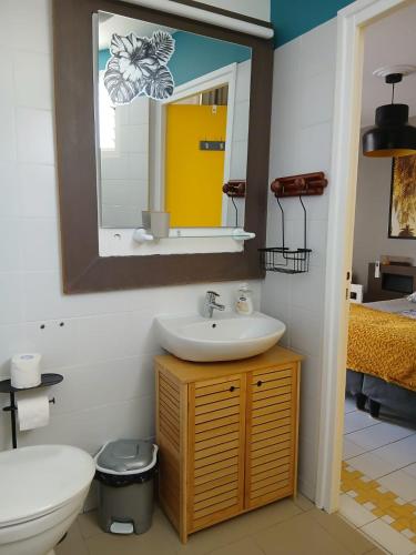 a bathroom with a sink and a toilet and a mirror at Ti Coco Vanni Studio Sea View in Belle-Allée