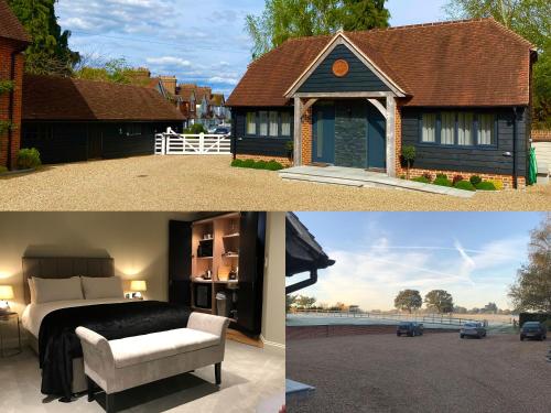 two pictures of a house with a bedroom and a bed at Hillside Farm Barn in Woking