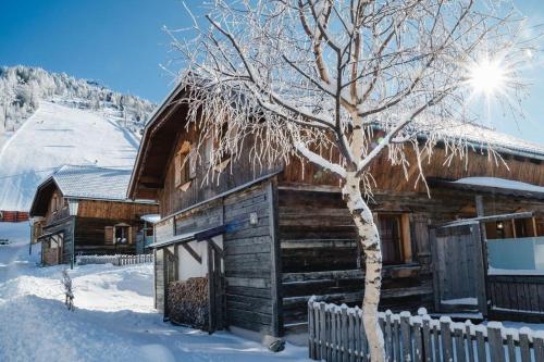a log cabin in the snow with a tree at Almchalet am Katschberg in Katschberghöhe