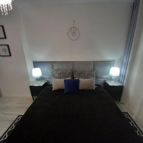 a bedroom with a large black bed with two blue pillows at Apartament z kominkiem RetroGlam in Mieroszów