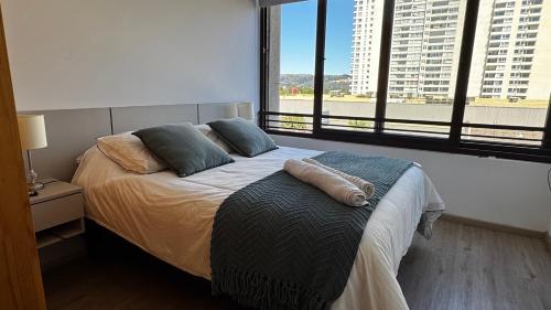a bed in a room with a large window at Estudio Moderno Equipado - Centro Concepción, a pasos de la Estación in Concepción