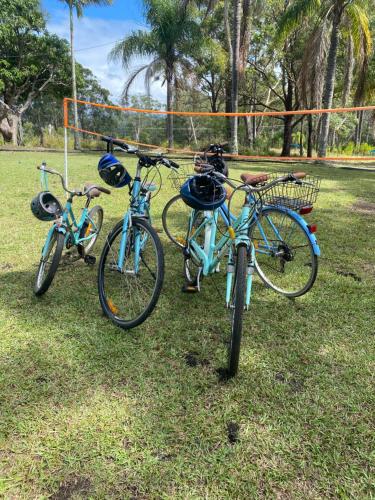 three bikes parked in front of a soccer net at Urunga Fisherman's Cottage - pets ok 15 mins Coffs in Urunga