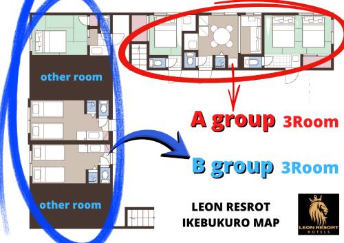 a group room apartment floor plan at LEON RESORT HOTEL A 3rooms MAX8people 6min Shinjuku 11min Shibuya 12min walk Ikebukuro LEON RESORT IKEBUKURO traditional Japanese room 池袋 最大8名 in Tokyo