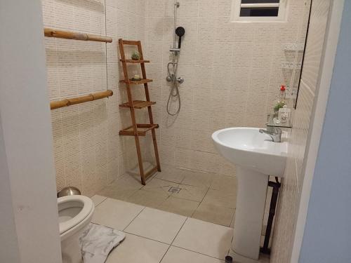 a bathroom with a toilet and a sink and a shower at Chambre d'hôtes du Moulin SPA in Sainte-Anne