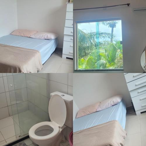 a bathroom with a bed and a toilet and a window at LardoceLar in Camaçari