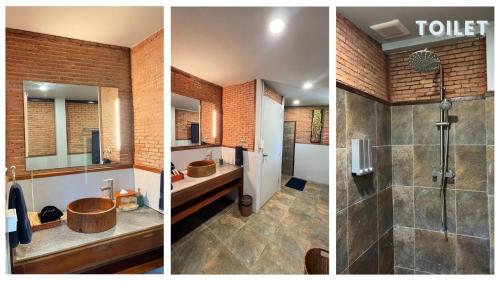 two pictures of a bathroom with a shower and a sink at THANYAWANA Glamping Tents in Khao Sok National Park