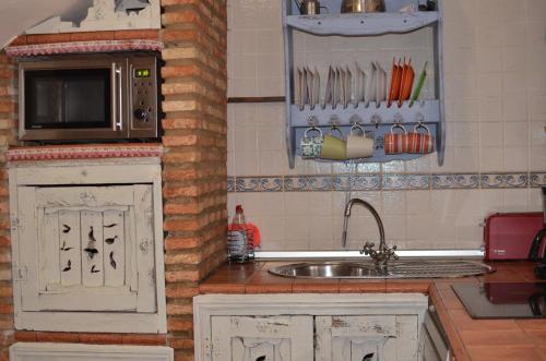 y cocina con microondas y fregadero. en Vivienda Rural la Terracita, en Montejaque