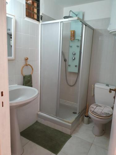 a bathroom with a shower and a toilet and a sink at Duplex cosy avec piscine à 2mn de la plage - Kaz Ti Plaj in Les Trois-Îlets
