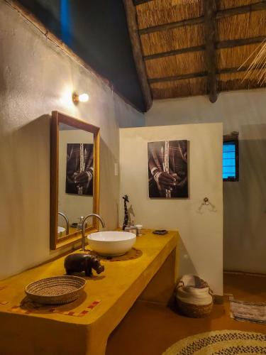 a bathroom with a sink and a mirror at Thornicroft Lodge - South Luangwa in Mfuwe
