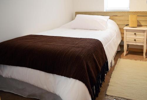 a bed with a brown blanket and a night stand at Apart Hotel Endurance in Punta Arenas
