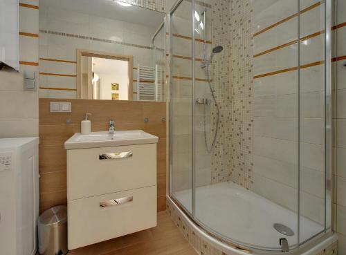W łazience znajduje się prysznic, umywalka i wanna. w obiekcie Apartament Wille Parkowe w Polanicy Zdroju