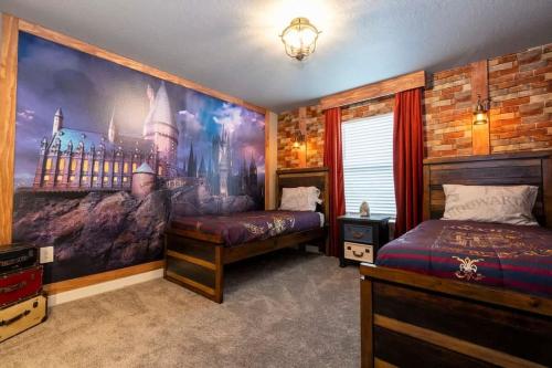 a bedroom with two beds and a painting on the wall at Gorgeous 4Bd with Pool at Storey Lake Resort 4475 in Kissimmee