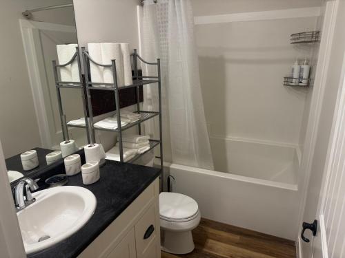 a bathroom with a sink and a toilet and a shower at Next rental in Vernon