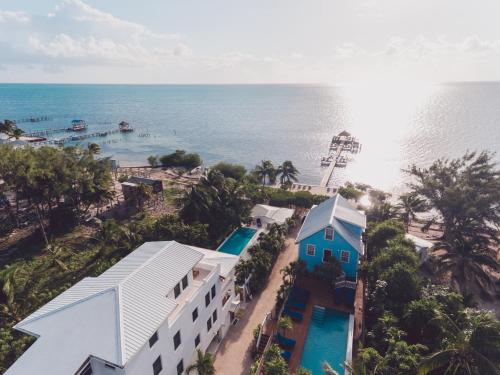 an aerial view of a hotel and the ocean at Weezie's Ocean Front Hotel and Garden Cottages in Caye Caulker