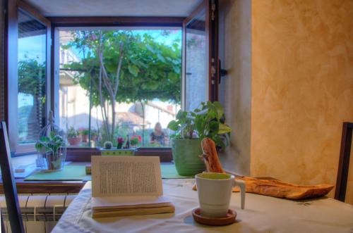 a table with a laptop and a coffee cup on it at Guesthouse Villa Marija in Motovun