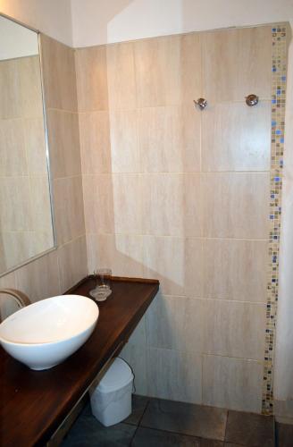 a bathroom with a sink and a shower at Hotel Mallorca in Mendoza