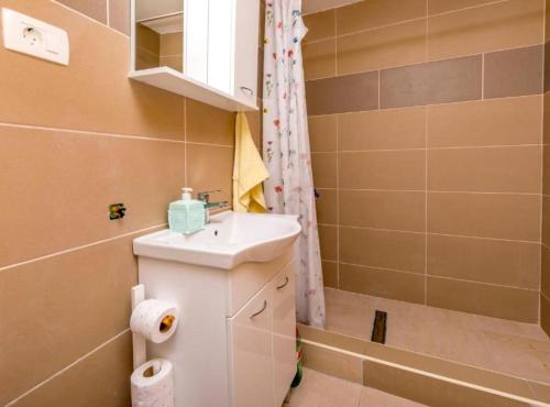 a small bathroom with a sink and a shower at Holiday home Kuzmino in Primošten