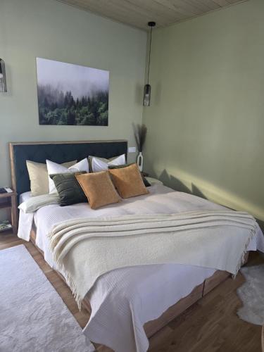 a bedroom with a large bed with pillows on it at Tähetee Majake in Palometsa