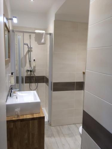 a bathroom with a sink and a shower at Best Western Le Val Majour in Fontvieille