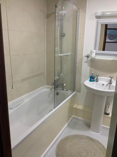 a bathroom with a shower tub and a sink at fairfeilds cottage Frog Trotters Bottom in Hartpury