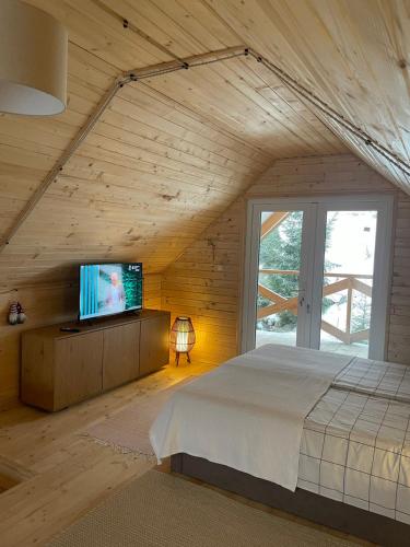 ein Schlafzimmer mit einem Bett und einem Fernseher an der Wand in der Unterkunft Zwinger in Pilipets