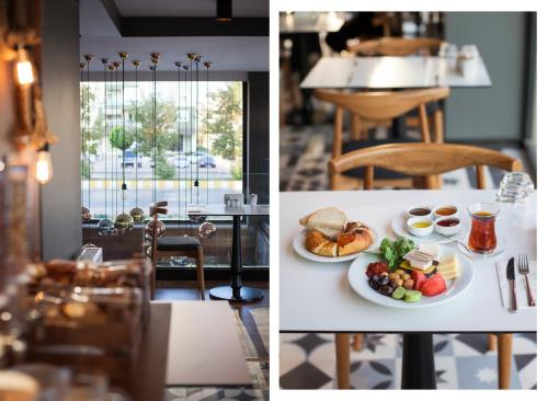 two pictures of a table with food on it at Hotel Cura in Canakkale