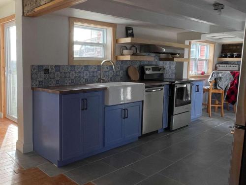 a kitchen with blue cabinets and a sink at The Moose Twillingate Island in Twillingate