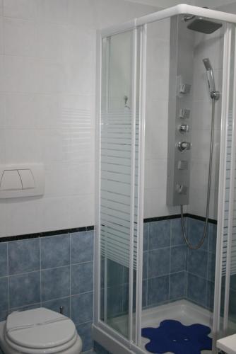 a bathroom with a toilet and a glass shower at Bed & Breakfast il Bolentino Varenna in Varenna