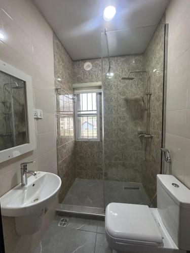 a bathroom with a shower and a toilet and a sink at B-12 Apartments in Lagos