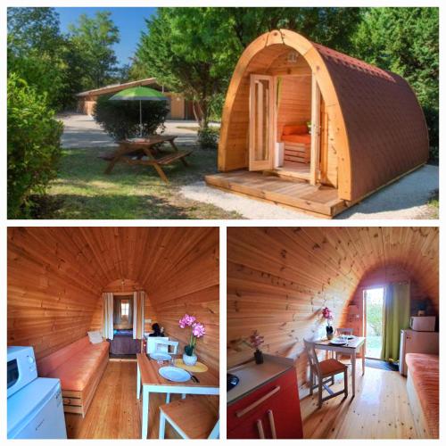two pictures of a wooden cabin with a kitchen and a house at Camping le beauvillage Lauzerte in Lauzerte