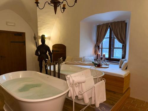 a bathroom with a bath tub and a bed at Hotel Chateau Orlice in Letohrad