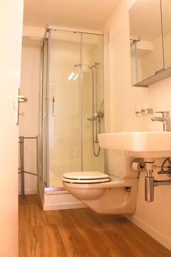 a bathroom with a toilet and a shower and a sink at Casa Gialla in Russo