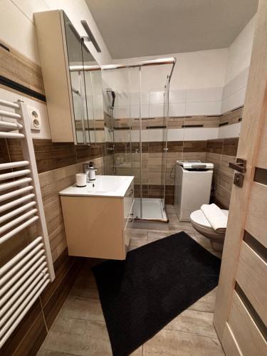 a bathroom with a toilet and a glass shower at Apartmán CENTRAL, free parking in Banská Bystrica