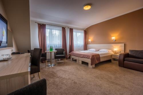 シュクラルスカ・ポレンバにあるPensjonat Carmenのベッドとテレビ付きのホテルルーム