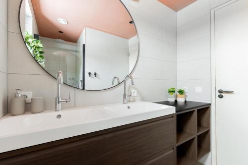 a bathroom with a large sink and a mirror at Forest Villa De Bosburcht with Sauna | 6 persons in Gasselte