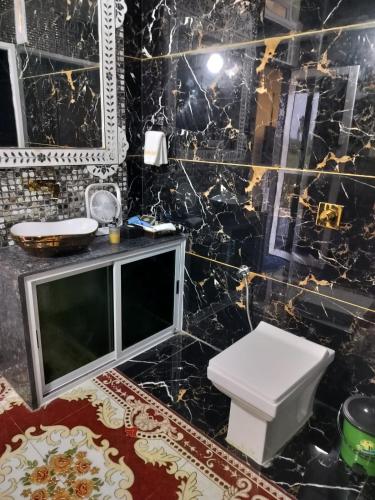 a bathroom with a toilet and a black marble wall at arham farm in Jāmb