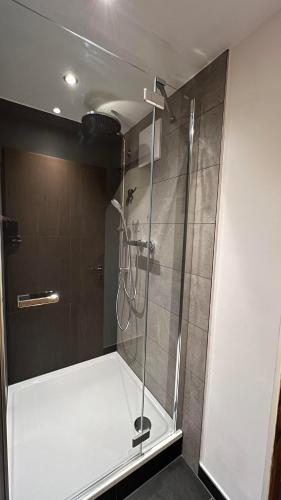 a shower with a glass door in a bathroom at Tauernchalet-S'Hoamatl in Hollersbach im Pinzgau