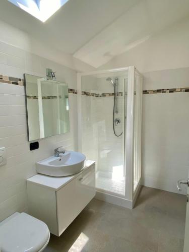 a bathroom with a shower and a toilet and a sink at Refugio Azul Baveno, pool and private parking in Baveno