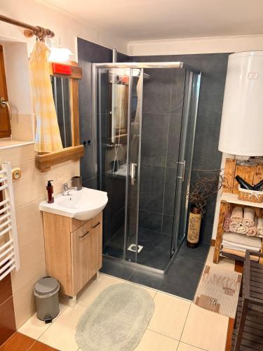 a bathroom with a shower and a sink at Drevenica pod Tlstou in Blatnica