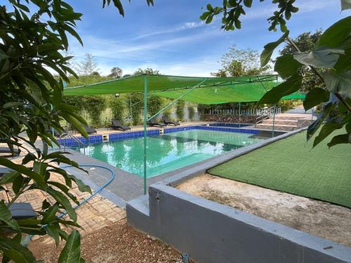a swimming pool with a green umbrella over it at Luzviminda Farm Homestay in Coron
