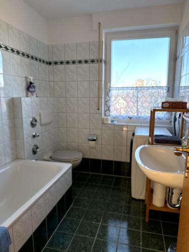 a bathroom with a tub and a toilet and a sink at Seewiefken 2 Dümmerblick in Lembruch