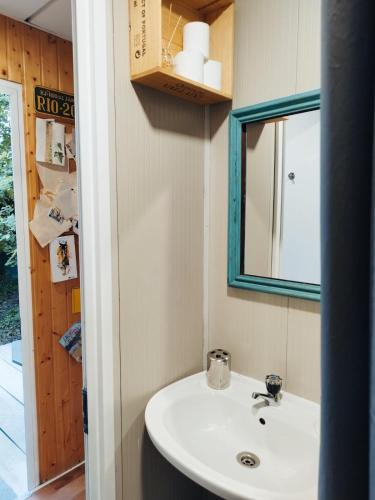 a bathroom with a sink and a mirror at Natura Tiny House Porto in Valongo